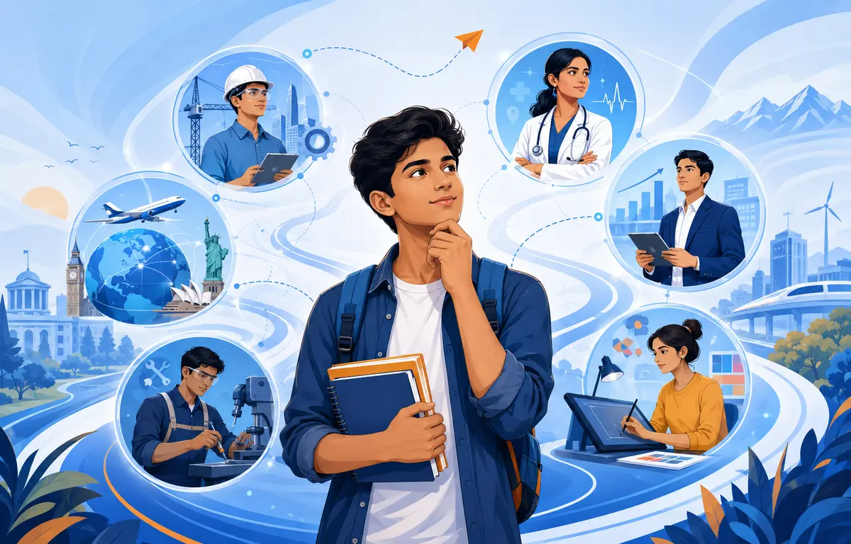 Indian student comparing engineering, healthcare, business, design, skilled-trade and international-study pathways