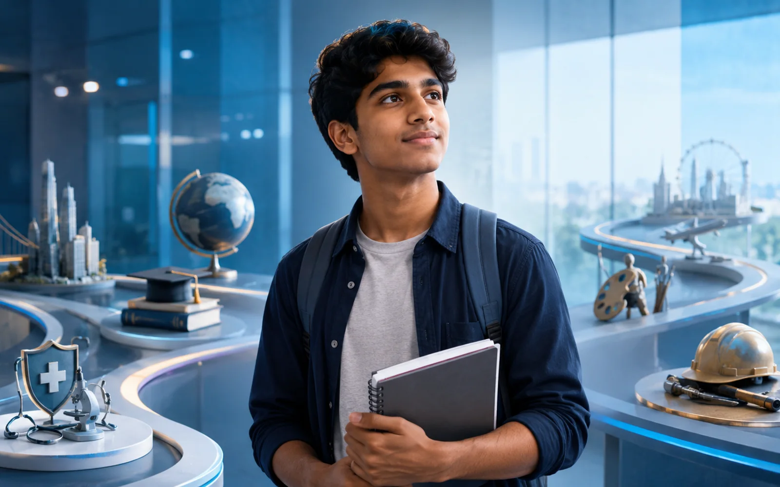 Indian student exploring different education and career pathways in a modern career studio
